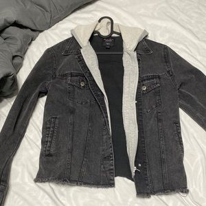 Mock layered denim hoodie - gray